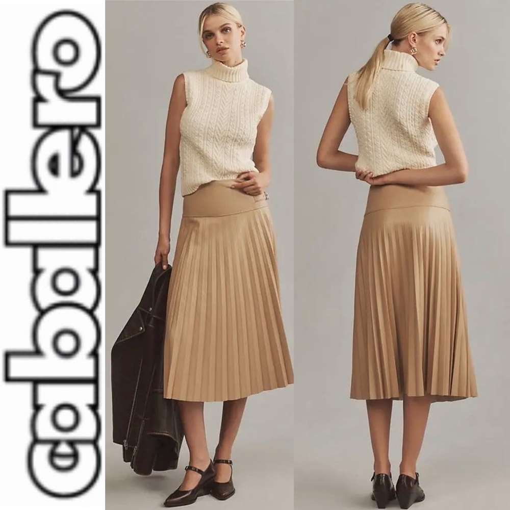 NWT Caballero Hendrix Faux Leather Pleated midi Skirt tan m